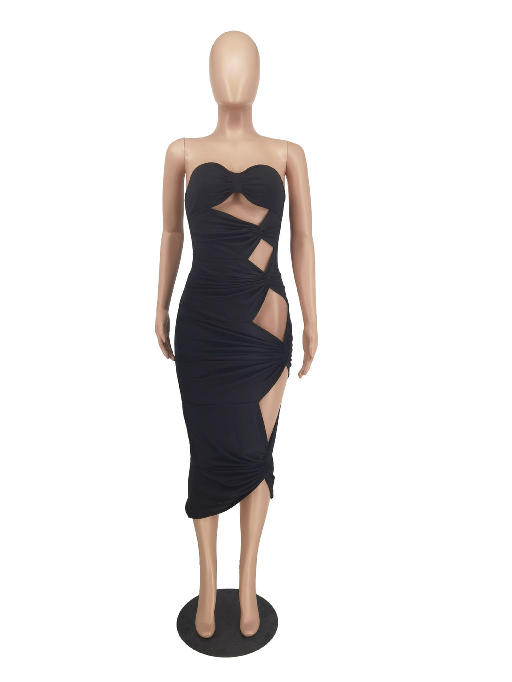 Sexy Solid Strapless Hollow Out Bodycon Midi Dress
