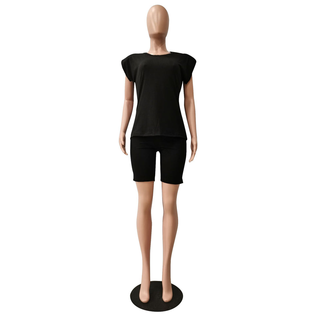 Sexy Solid Shoulder Pads Sleeveless 2 Piece Shorts Set