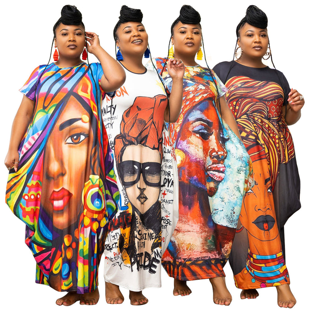 Sexy Plus Size Printed Short Sleeve Loose Maxi Dress