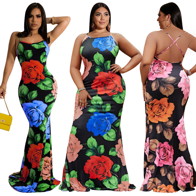 Sexy Plus Size Flower Print Cross Strap Maxi Dess