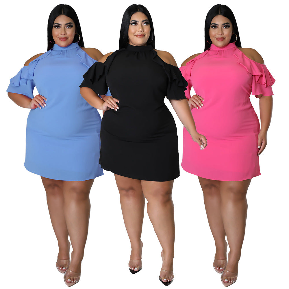 Sexy Plus Size Solid Ruffled Cold Shoulder Mini Dress