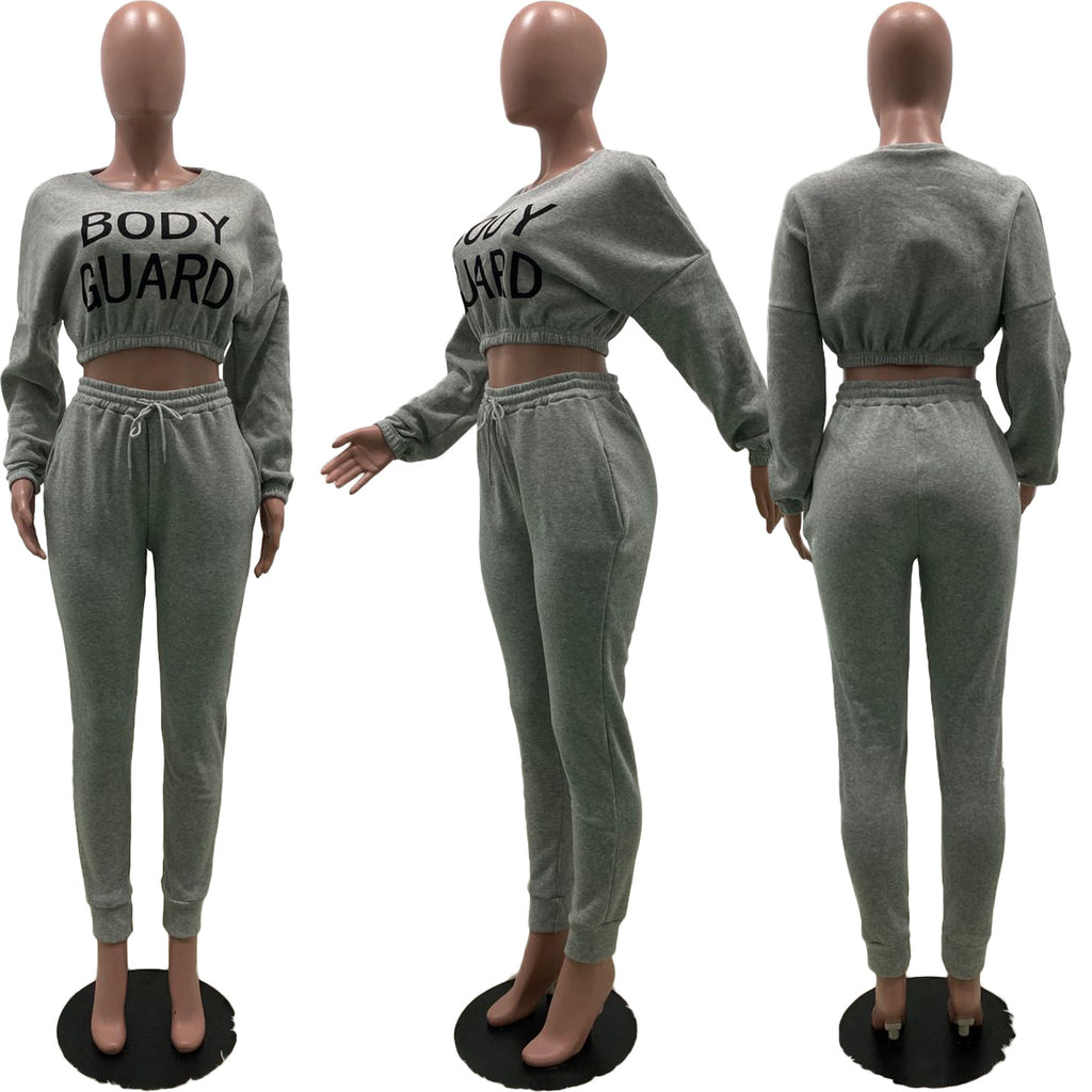 Sexy Letter Print Sweatshirt And Pant Solid Two Piece Set