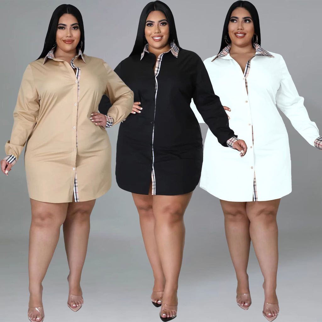 Sexy Plus Size Plaid Patchwork Long Sleeve Shirt Dress