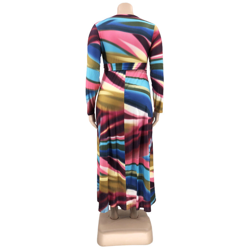 Sexy Plus Size Printed V Neck Long Sleeve Sashes Maxi Dress