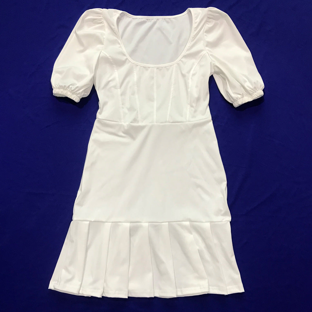 Sexy Solid Puff Sleeve Pleated Mini Dress