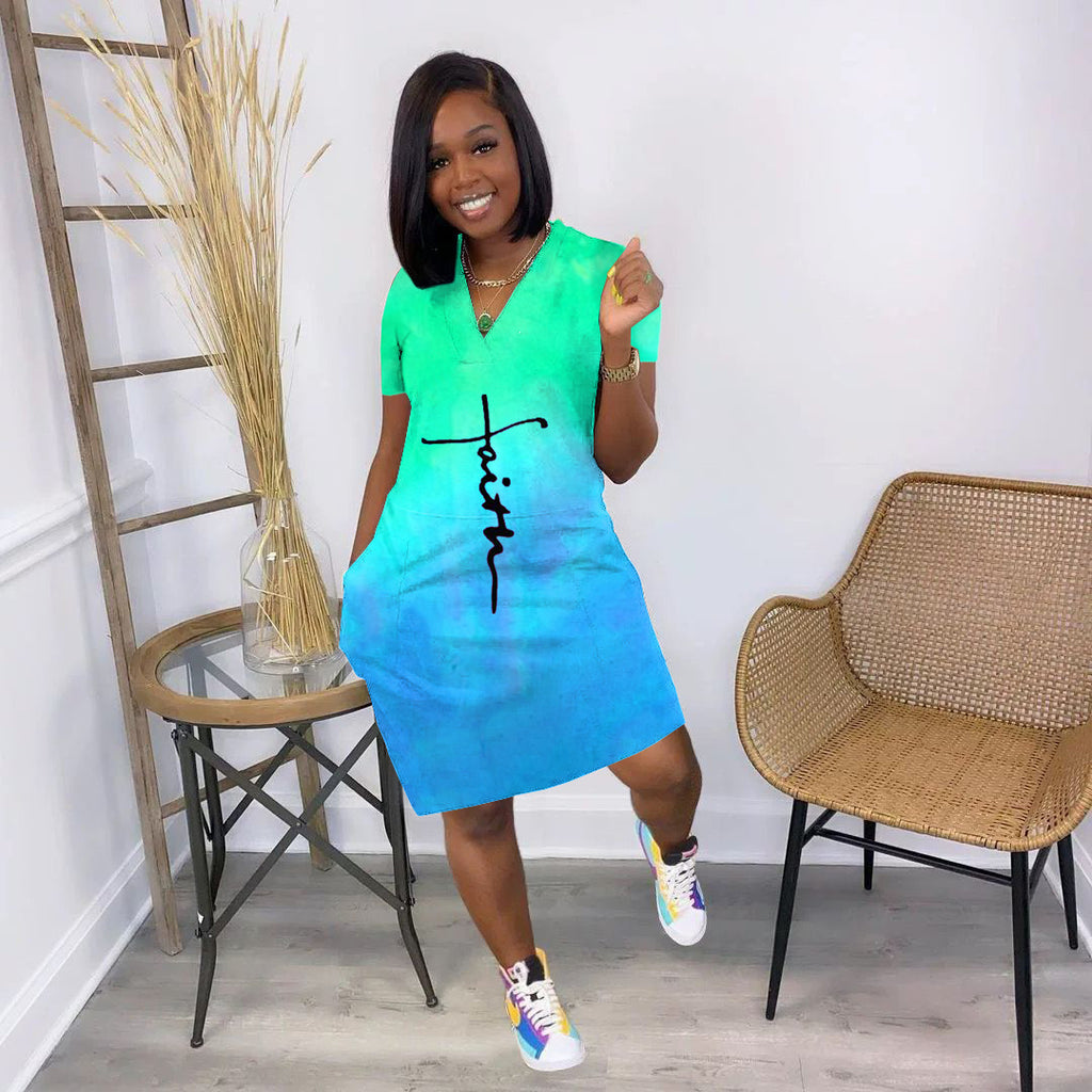 Sexy Gradient Letter Print V Neck Casual Dress