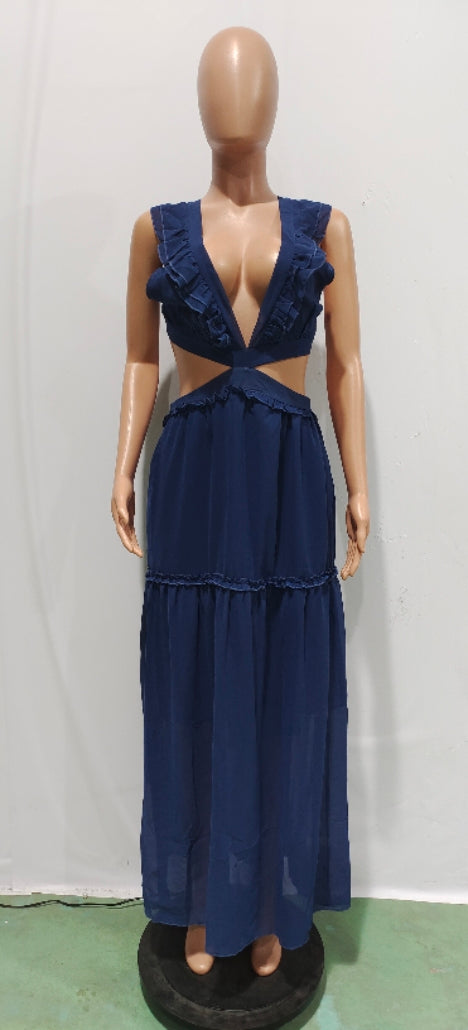 Sexy Sexy Ruffled V Neck Sleeveless Backless Hollow Maxi Dress