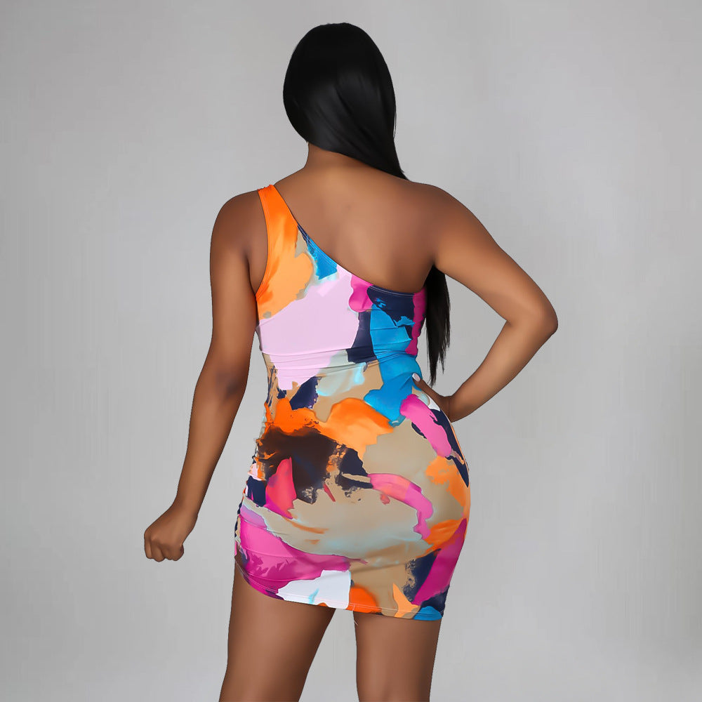 Sexy Sexy Printed One Shoulder Drawstring Hollow Mini Dress