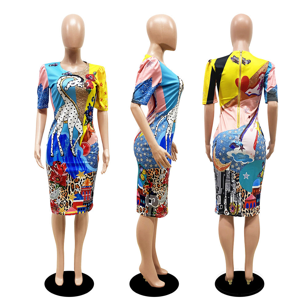 Sexy Giraffe Print Short Sleeve Midi Dress
