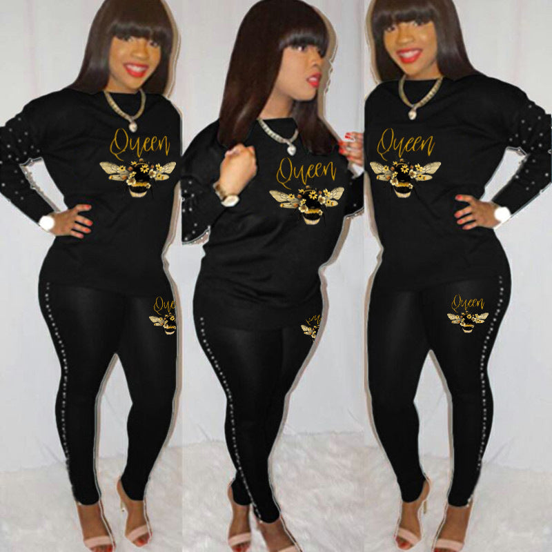 Sexy Plus Size Pearl Decorated Long Sleeve Pants Print 2 Piece Set