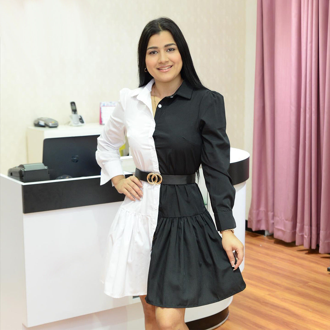 Sexy Contrast Color Long Sleeve Shirt Dress