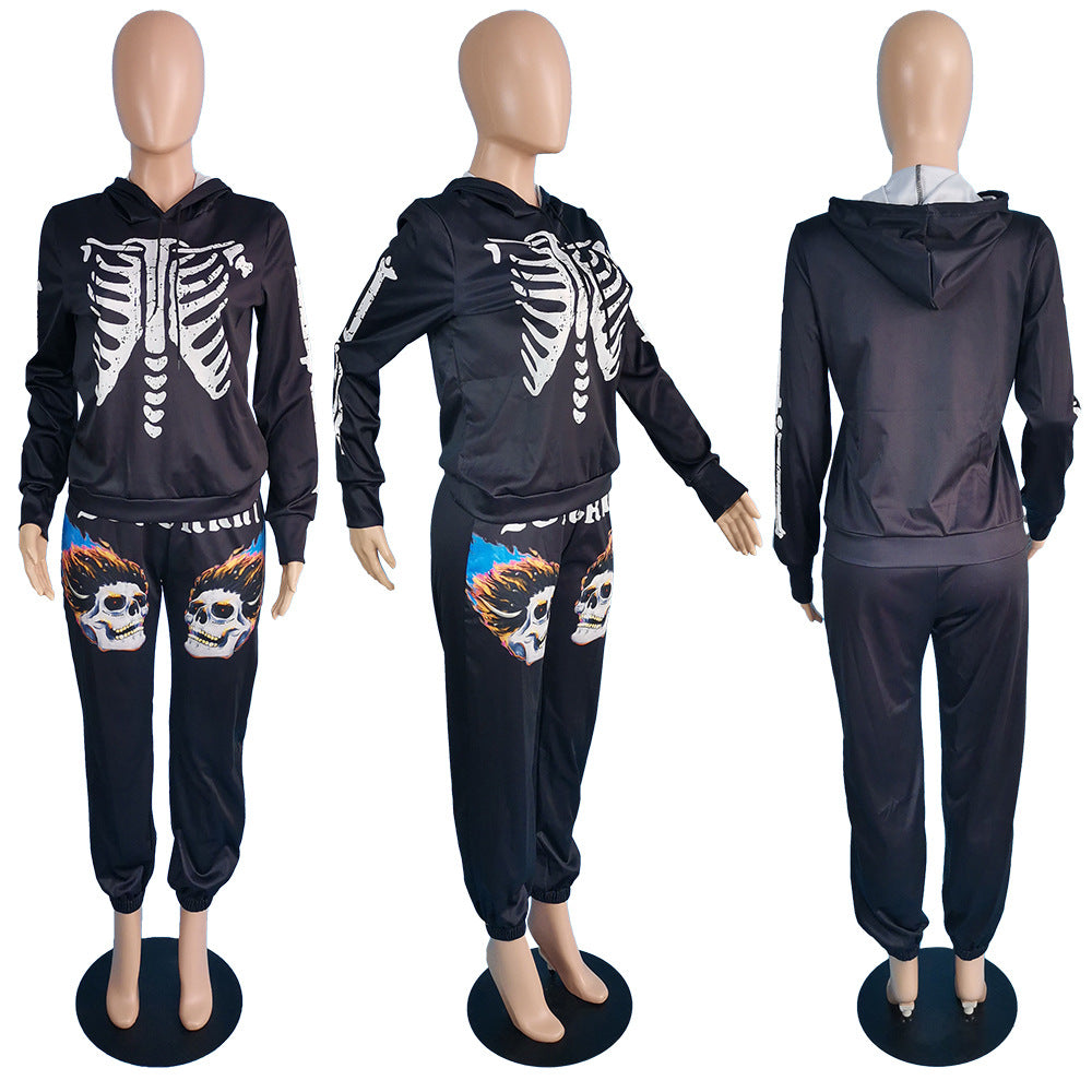 Sexy Skull Print Long Sleeve Hooded Two Piece Set