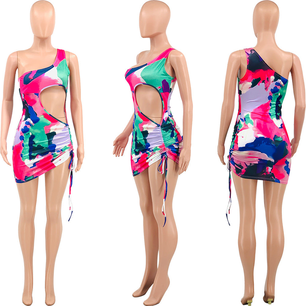 Sexy Sexy Printed One Shoulder Drawstring Hollow Mini Dress