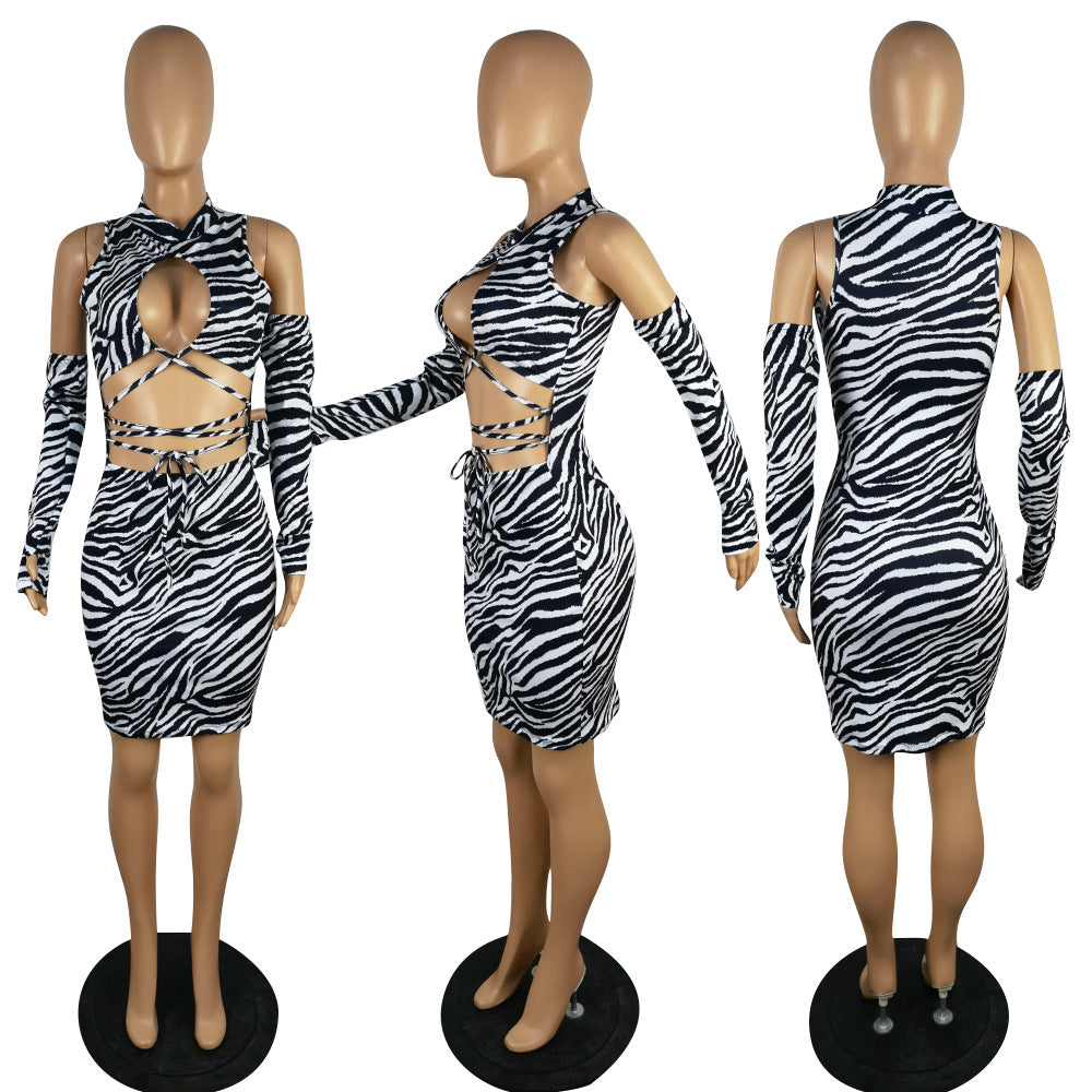 Sexy Sexy Printed Lace-Up Hollow Mini Dress With Sleeves
