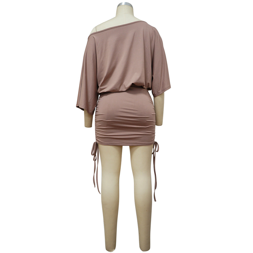Sexy Solid Color Wrinkled Bat Sleeve Mini Dress