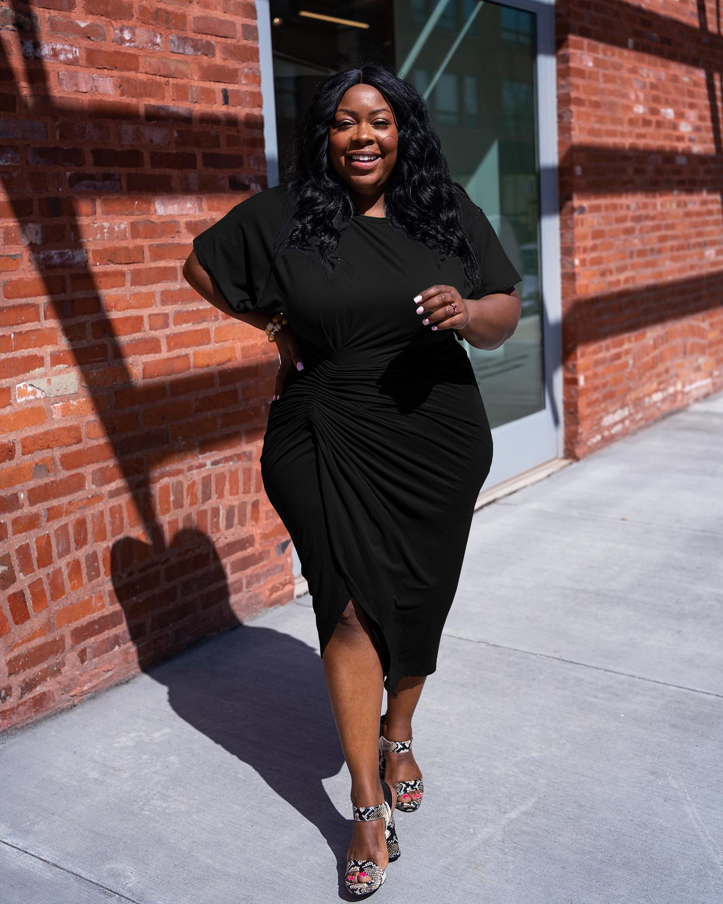 Sexy Plus Size Solid Ruched Short Sleeve Midi Dress