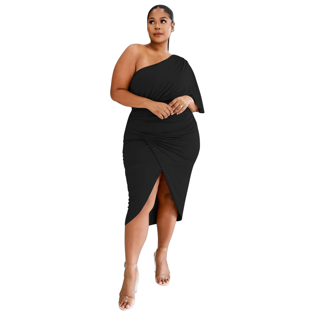 Sexy Plus Size Solid One Shoulder Irregular Midi Dress