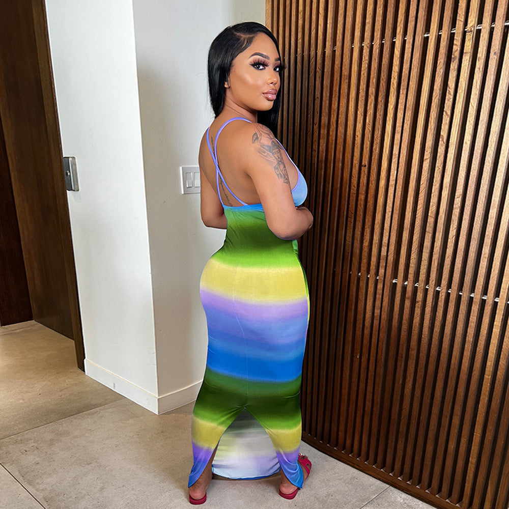 Sexy Rainbow Color Split Slim Maxi Dress