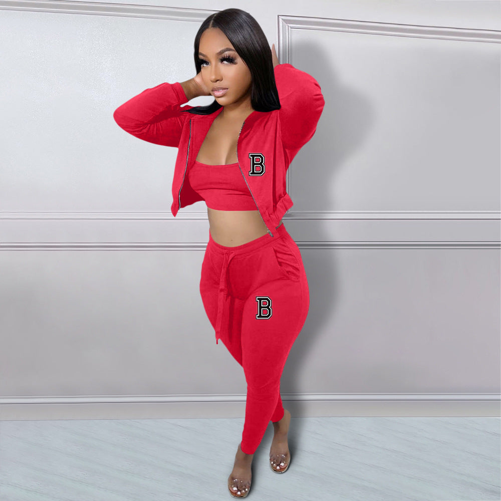 Sexy Casual Solid Vest+Print Zipper Coat+Pant 3 Piece Set