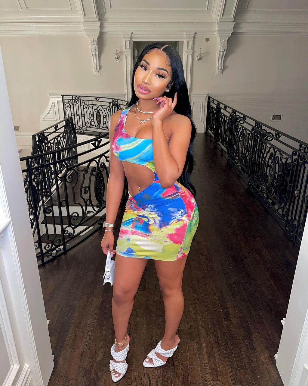 Sexy Sexy Printed One Shoulder Hollow Club Dress