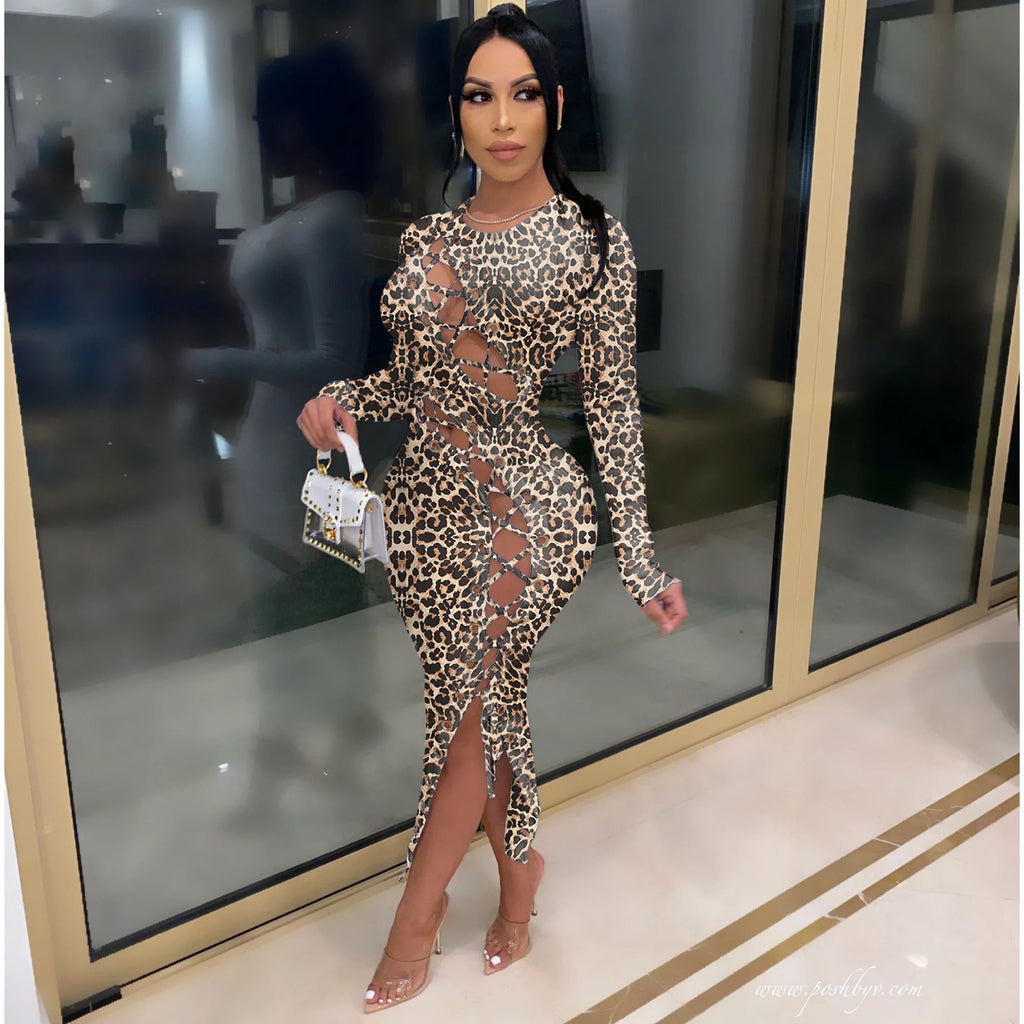 Sexy Sexy Leopard Lace-Up Full Sleeve Long Dress