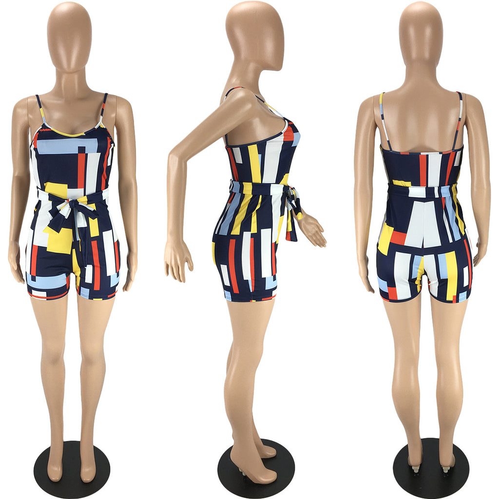 Sexy Sexy Printed Sleeveless Strap Belted Romper