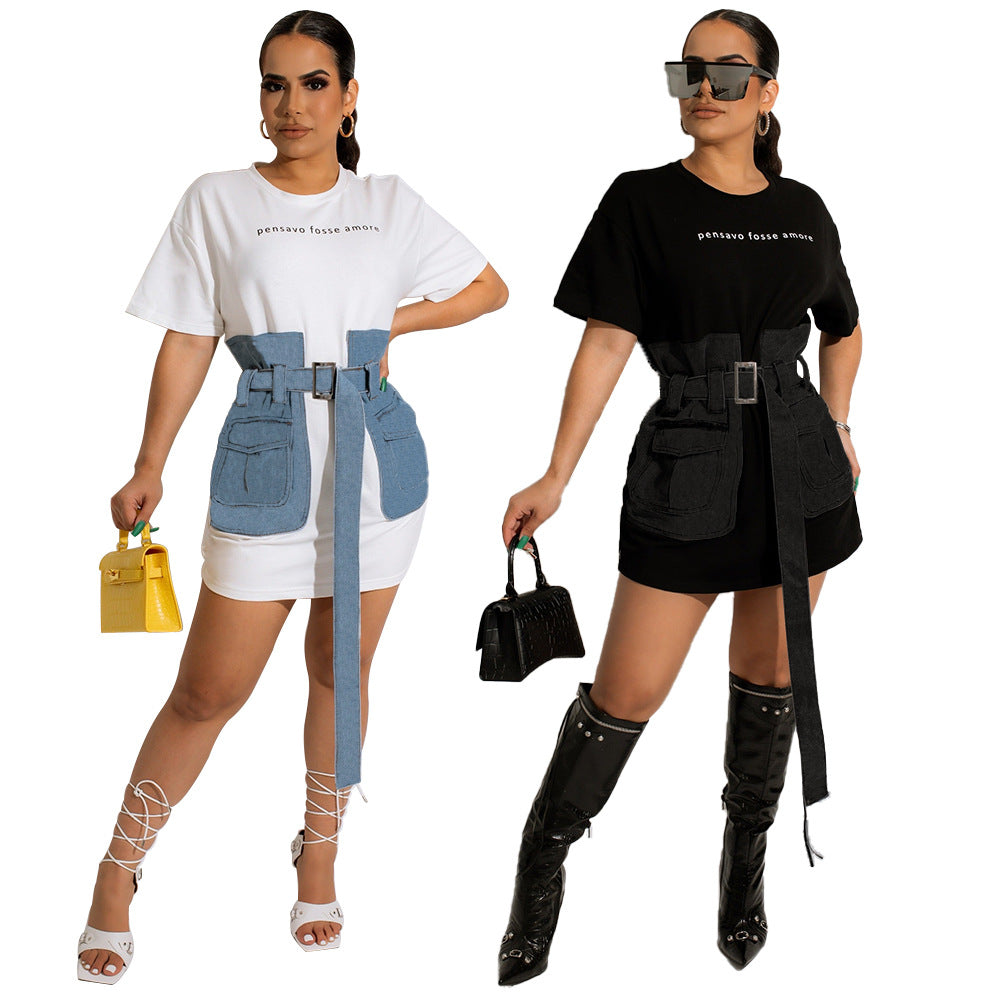 Sexy Denim Patchwork Short Sleeve Belted Mini Dress