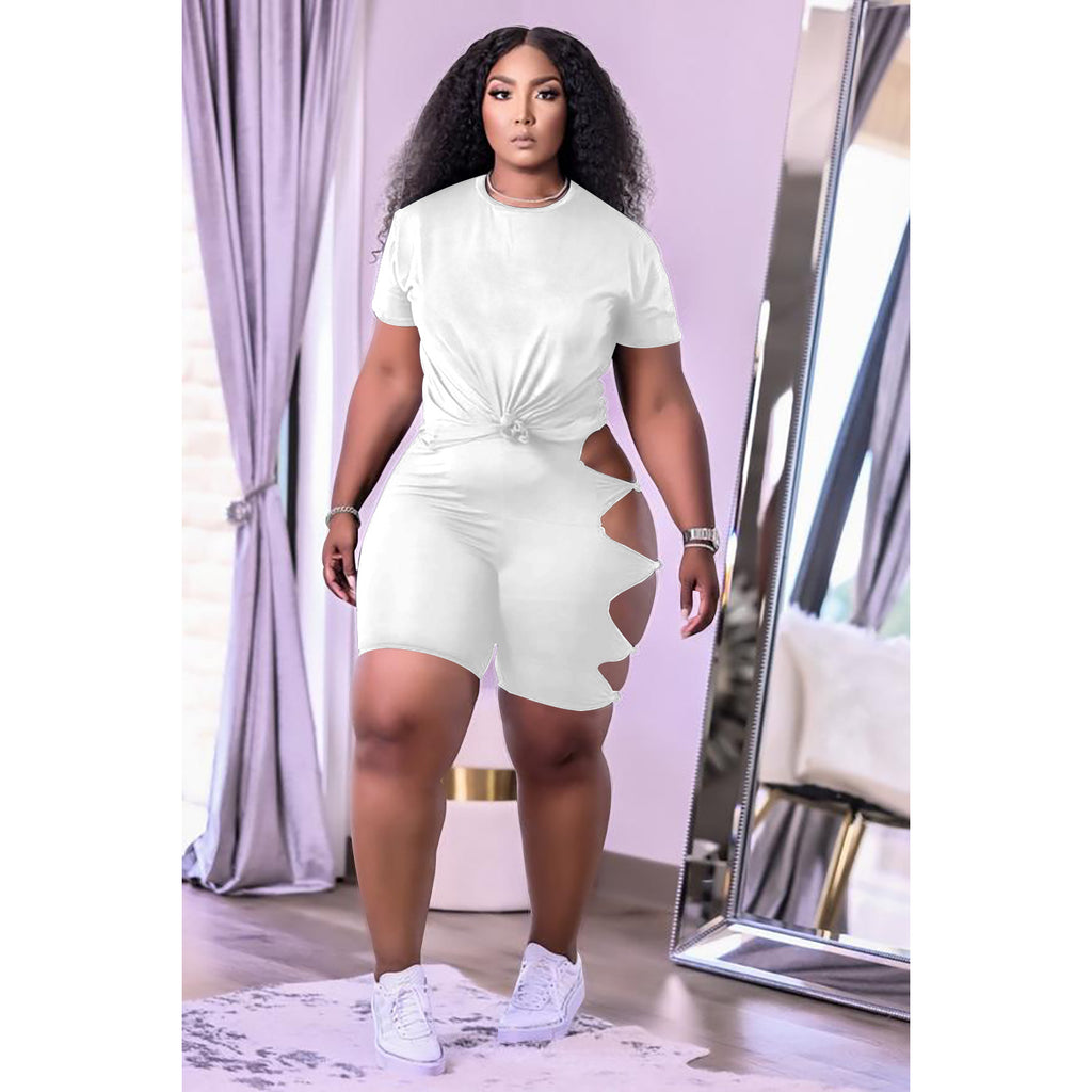 Sexy Solid T Shirt Hollow Out Short Two Piece Sets