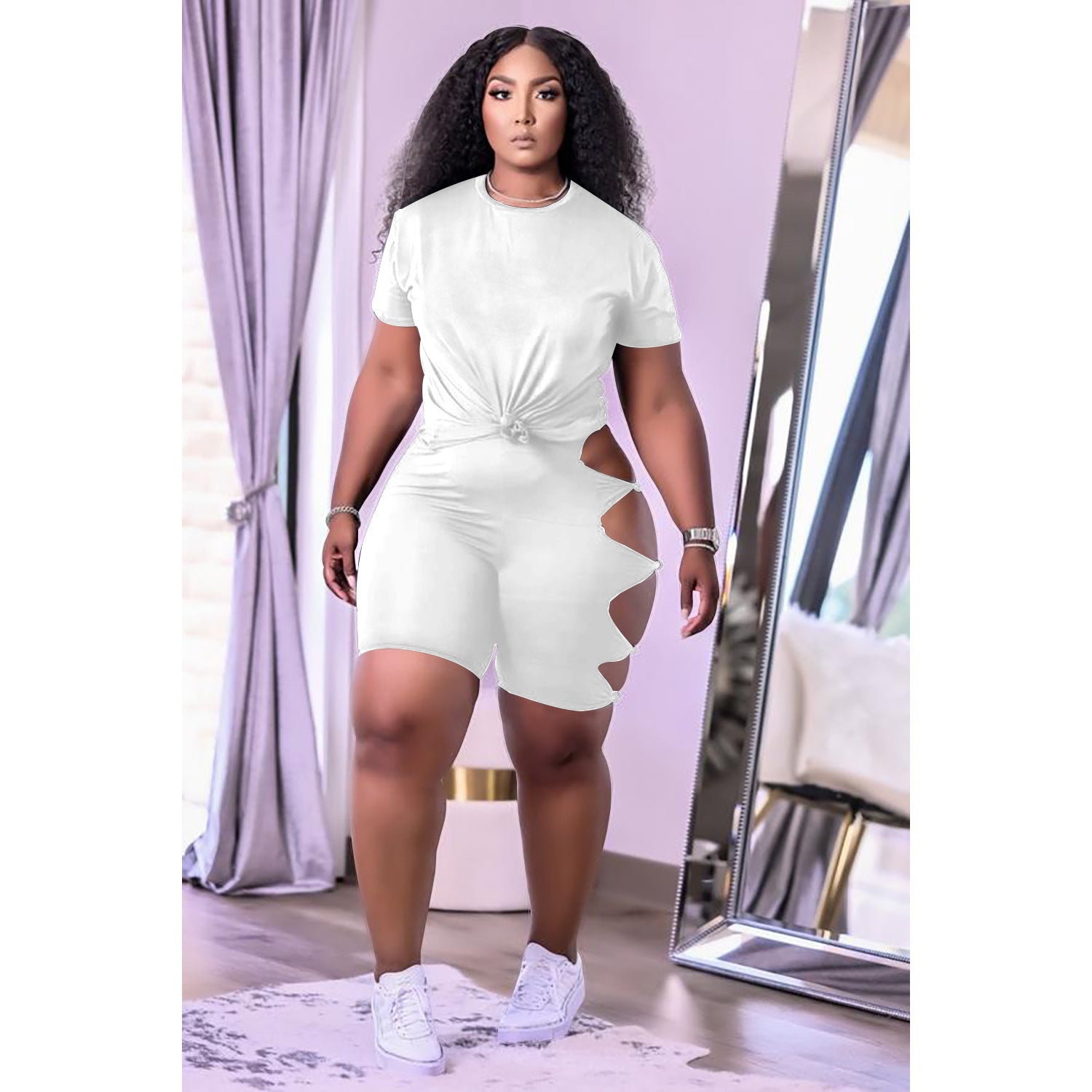 Sexy Solid T Shirt Hollow Out Short Two Piece Sets
