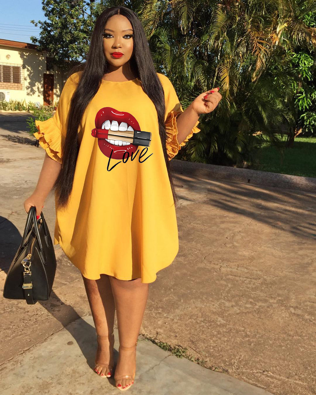 Sexy Plus Size Lip Print Ruffled SleeveKnee Length Dress