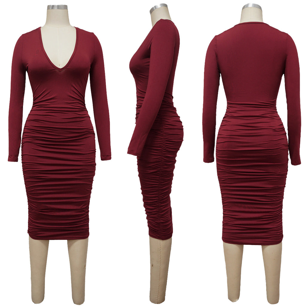 Sexy Solid Color Long Sleeve Skinny Ruched V-neck Midi Dress