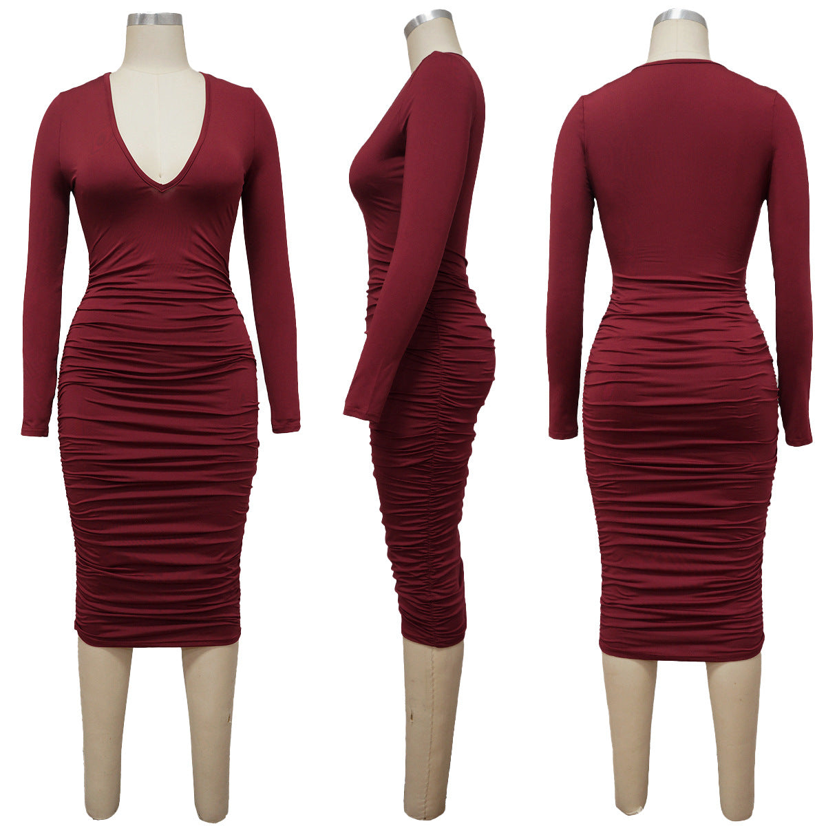 Sexy Solid Color Long Sleeve Skinny Ruched V-neck Midi Dress