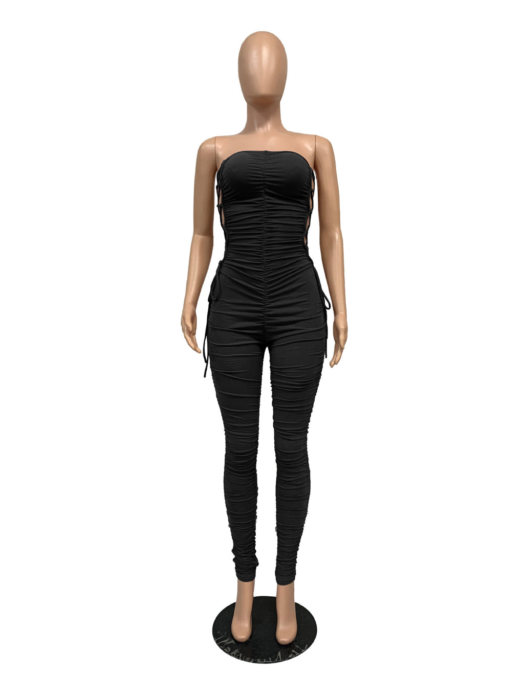 Sexy Sexy Solid Lace-Up Ruched Bandage Tube Jumpsuit