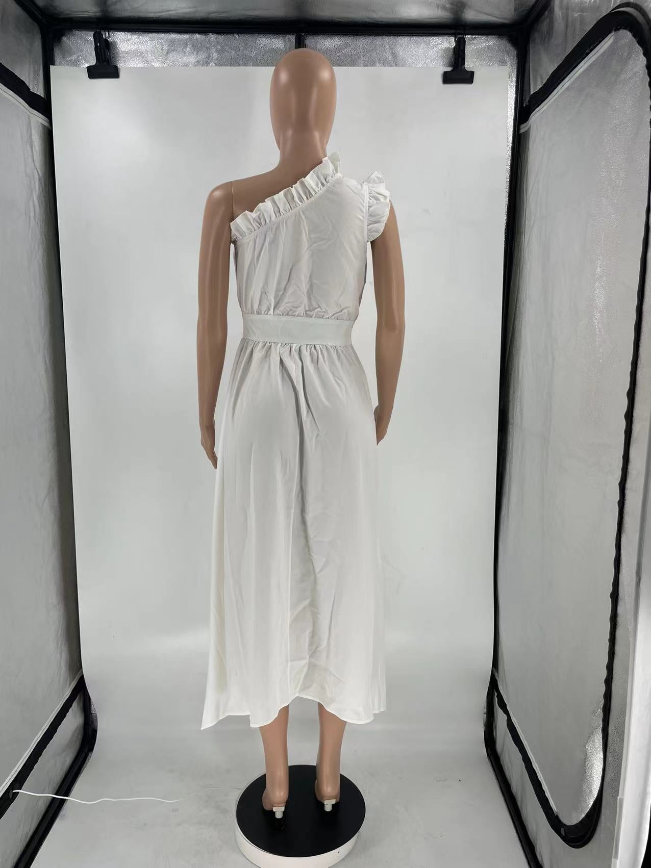 Sexy Solid One Shoulder Ruffled High Waist Midi Dress