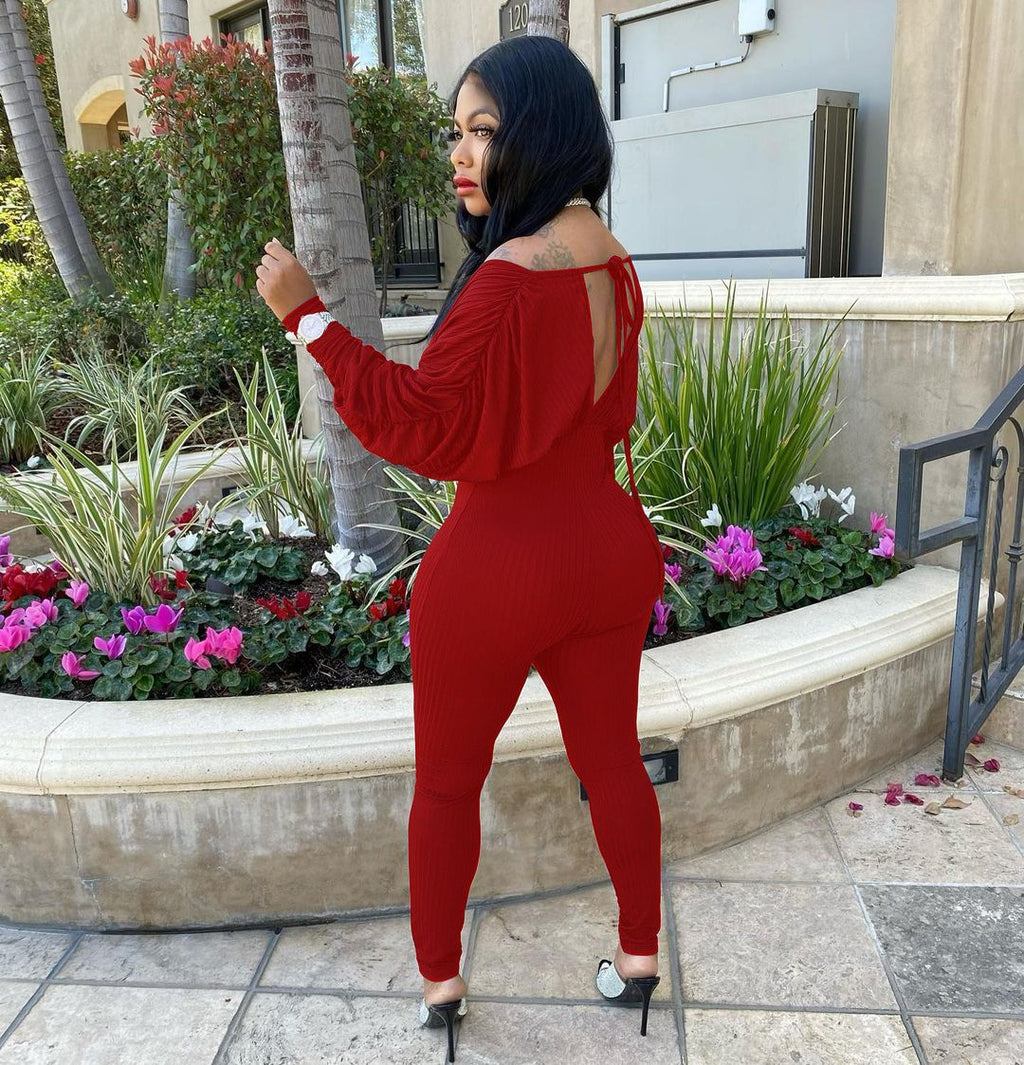 Sexy Solid V Neck Long Sleeve Backless Jumpsuit