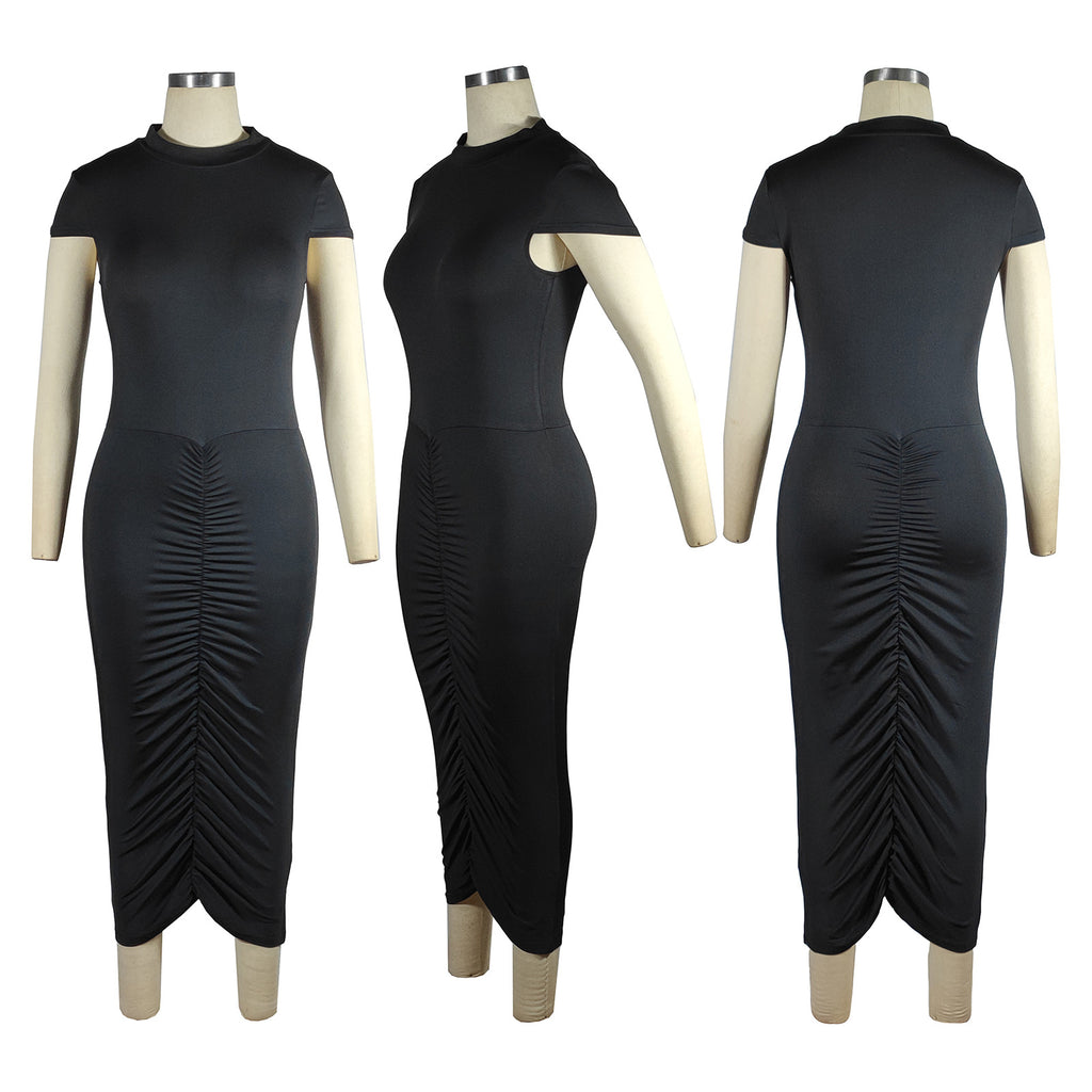 Sexy Solid Color Short Sleeve Ruched Maxi Dress