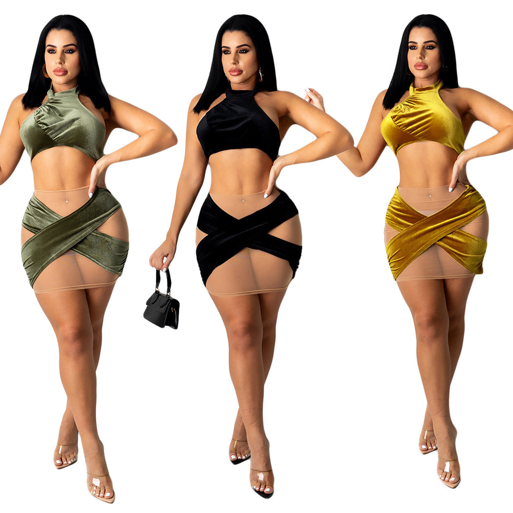 Sexy Sexy Halter Mesh Patchwork Mini Skirt 2 Piece Sets