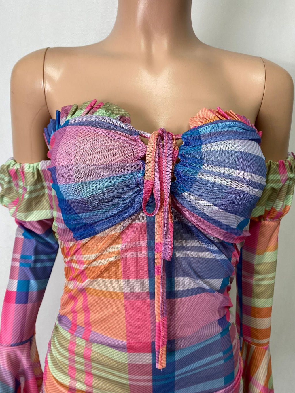 Sexy Sexy Plaid Mesh Long Sleeve Off Shoulder Mini Dress