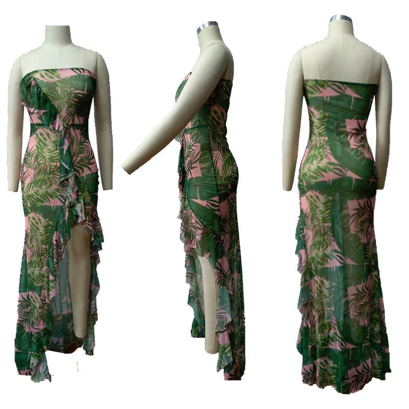 Sexy Tube Top Ruffle Sexy Print Beach Maxi Dress