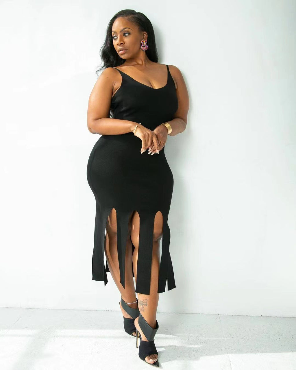 Sexy Plus Size Solid Color Sling Fringe Dress