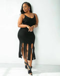 Sexy Plus Size Solid Color Sling Fringe Dress