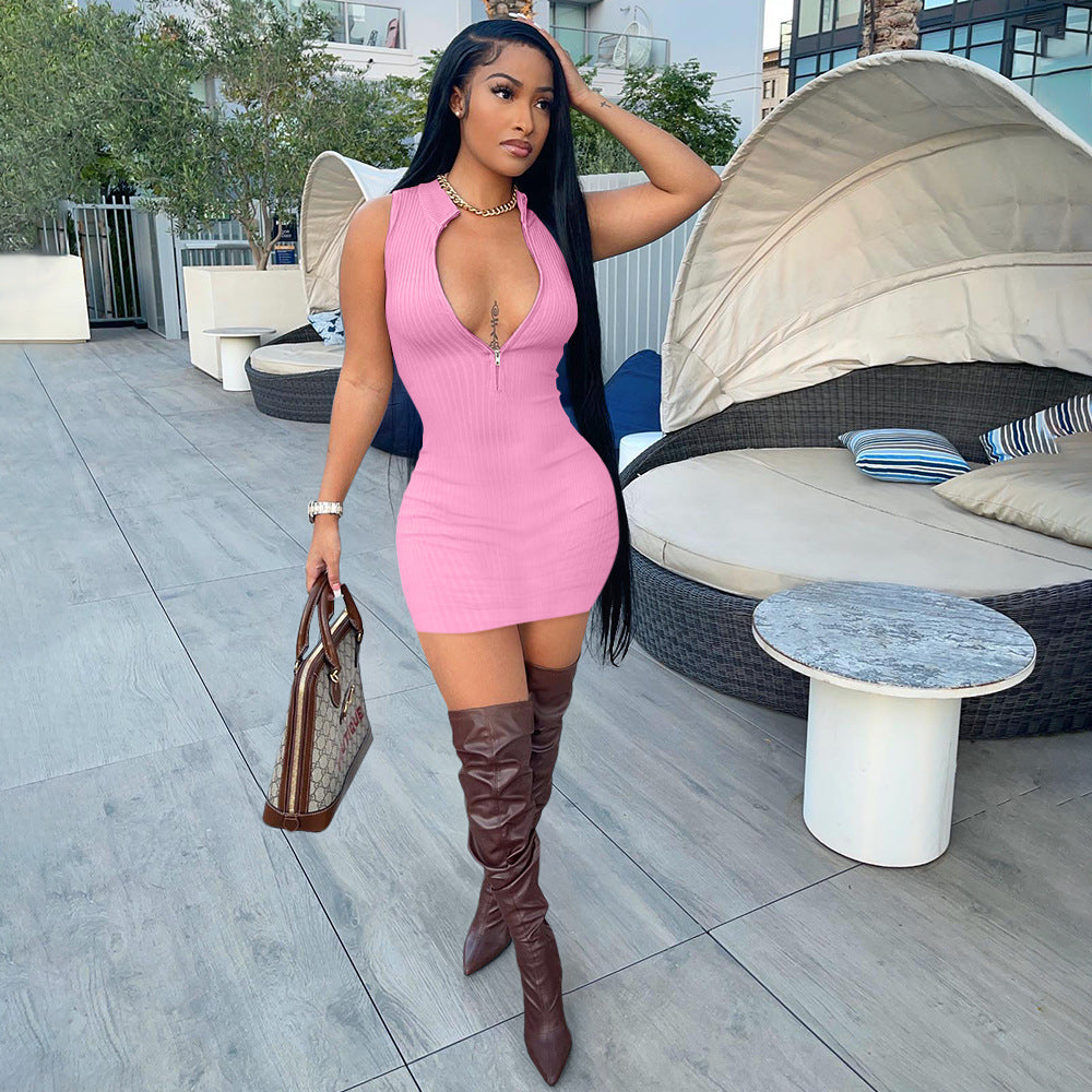 Sexy Solid Ribbed Sleeveless Zipper Slim Mini Dress