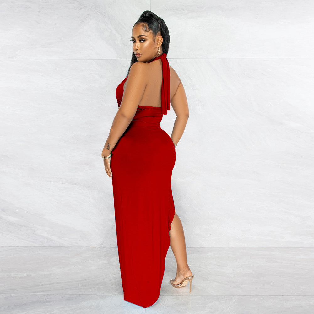 Sexy Solid Color Halter Slit Irregular Dress