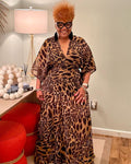 Sexy Plus Size Leopard Print V Neck High Waist Maxi Dress