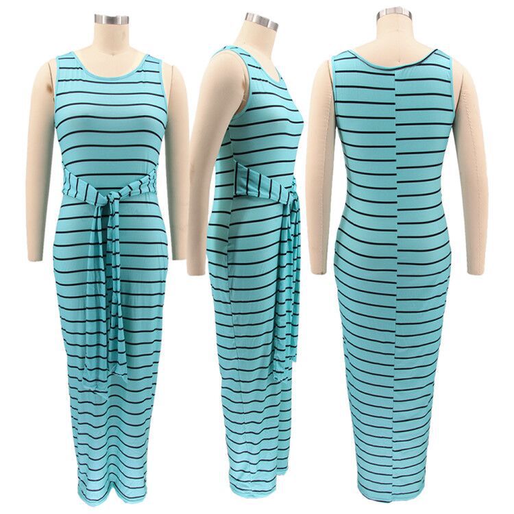 Sexy Plus Size Striped Sleeveless Sashes Maxi Dress