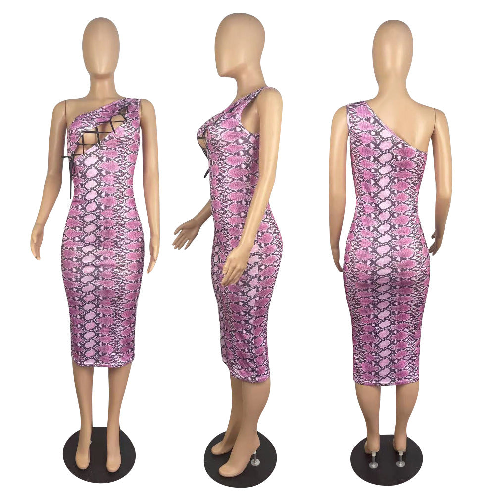 Sexy Sexy Printed Lace-Up One Shoulder Sleeveless Midi Dress