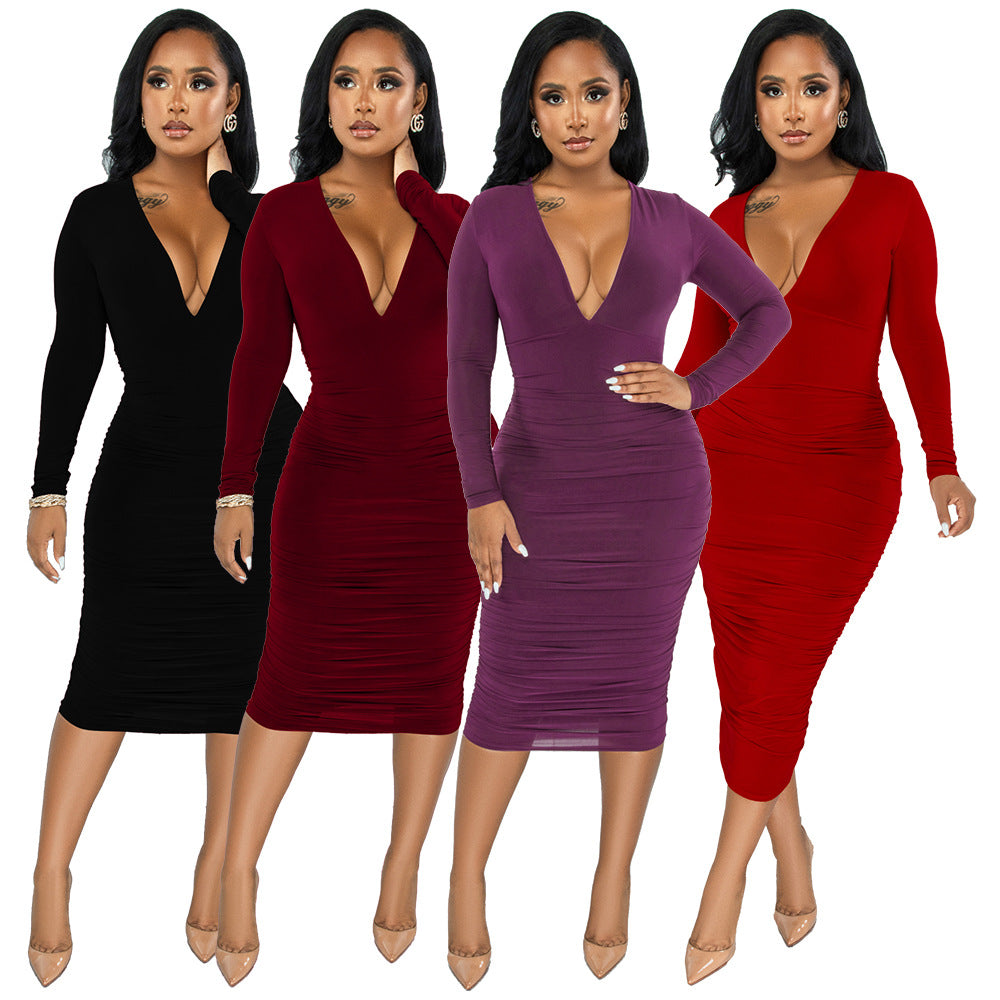 Sexy Solid Color Long Sleeve Skinny Ruched V-neck Midi Dress