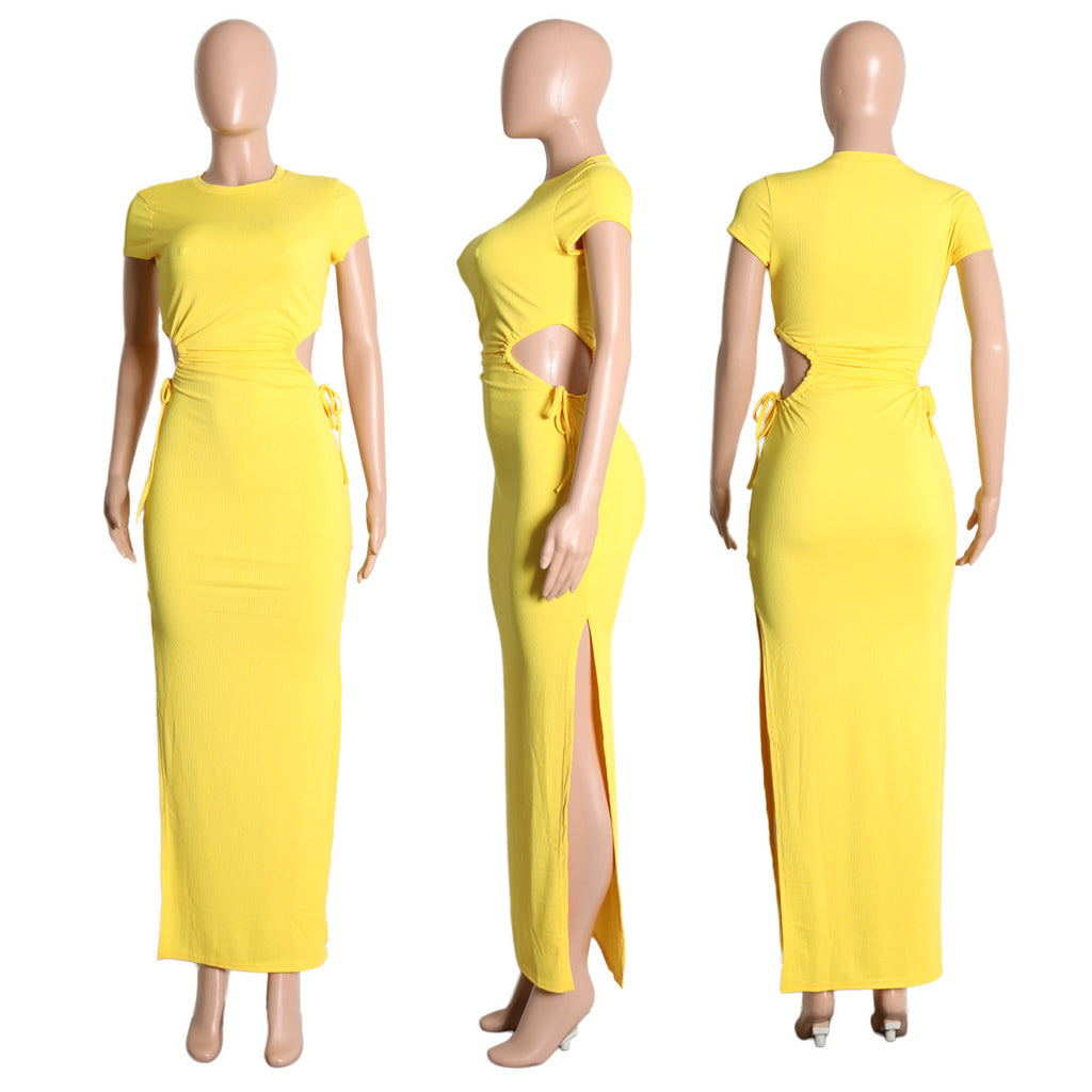 Sexy Solid Short Sleeve Split Maxi Dress