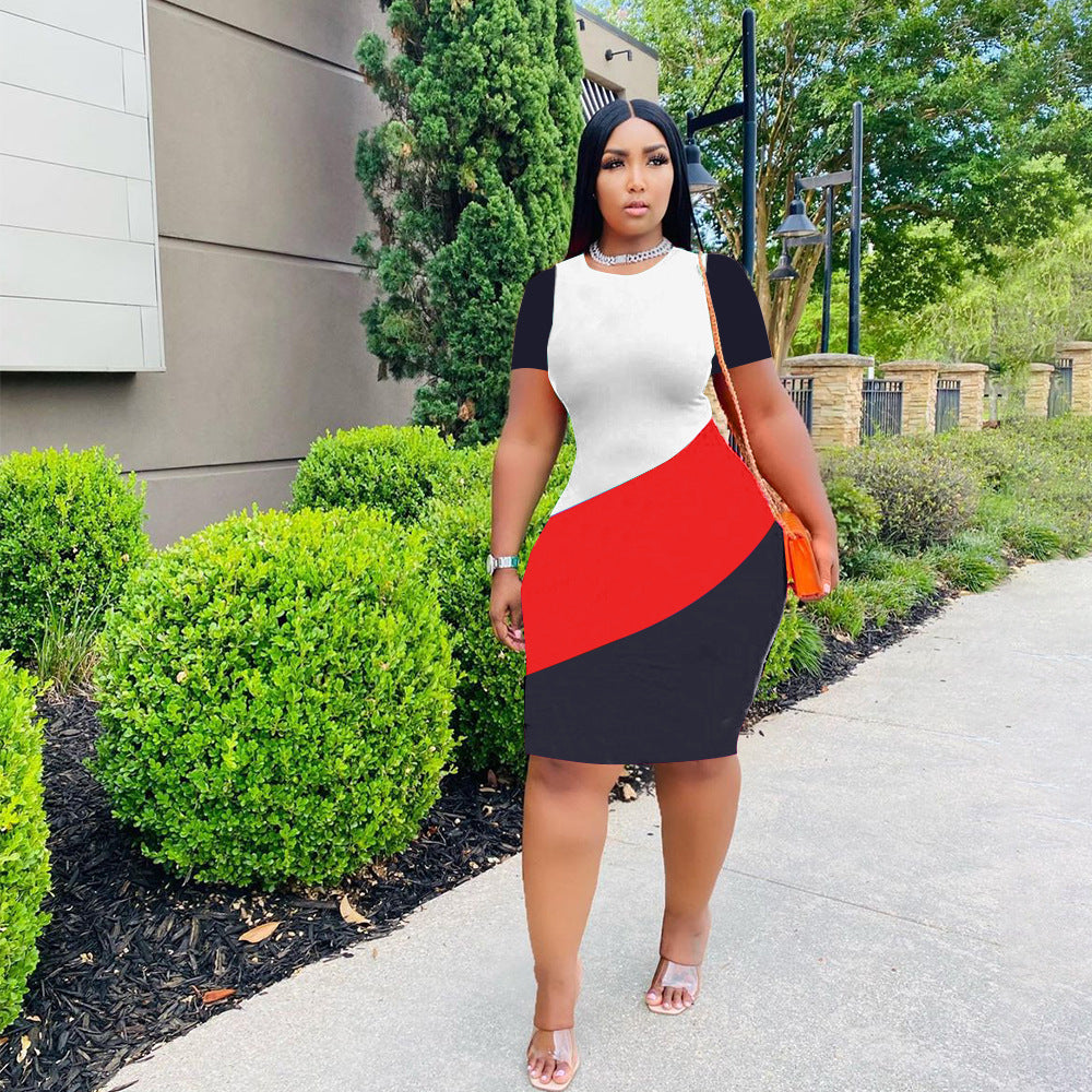 Sexy Plus Size Contrast Color Short Sleeve Bodycon Dress