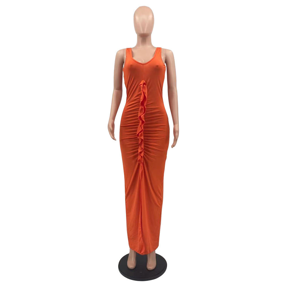 Sexy Solid Sleeveless V Neck Ruffled Split Maxi Dress